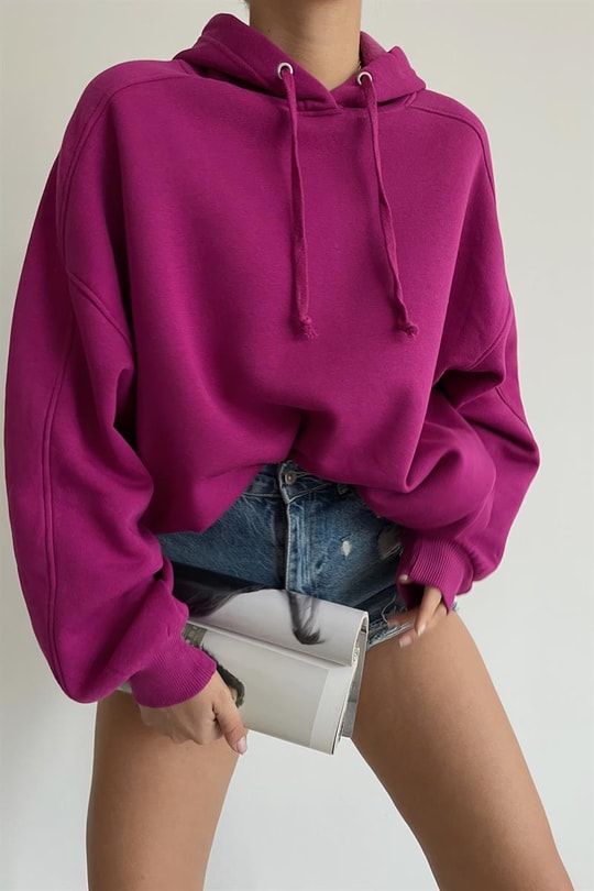 Kapüşonlu Basic Oversize Sweatshirt Mor