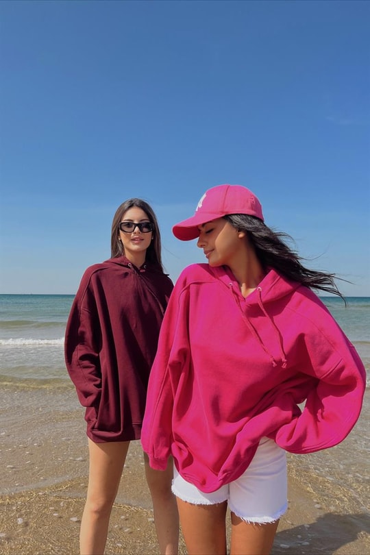 Kapüşonlu Basic Oversize Sweatshirt Bordo
