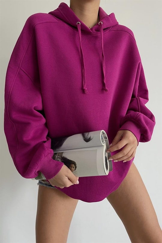 Kapüşonlu Basic Oversize Sweatshirt Mor