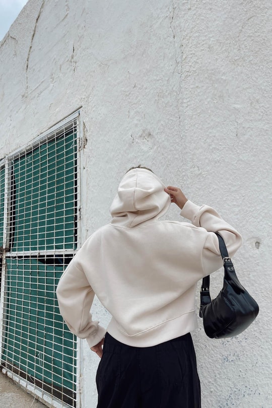 Kapüşonlu Crop Sweatshirt Taş