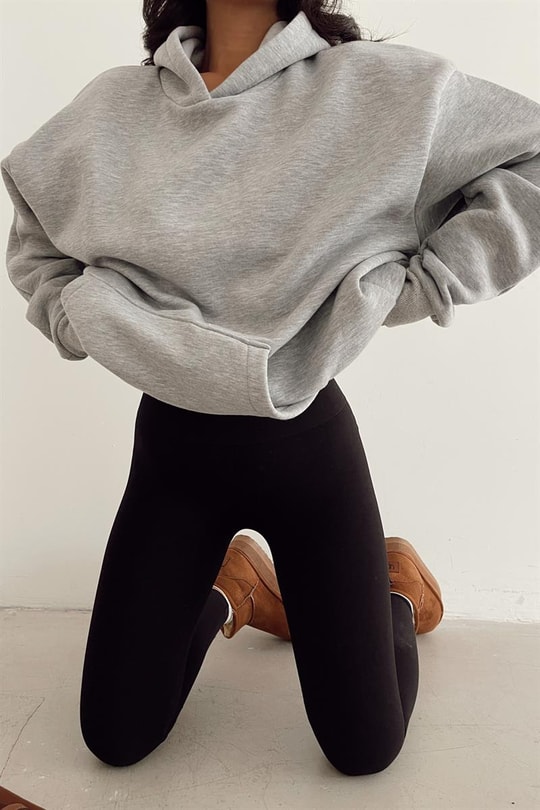 Kapüşonlu Kanguru Sweatshirt Gri