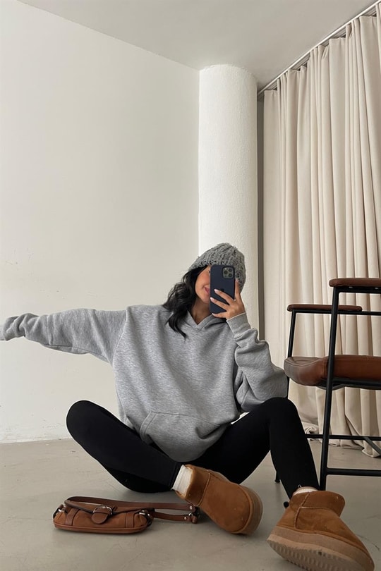 Kapüşonlu Kanguru Sweatshirt Gri