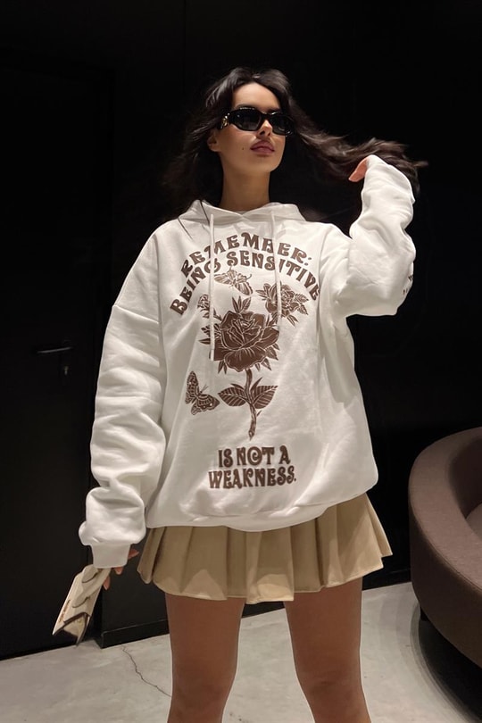 Kapüşonlu Rose Sweatshirt Ekru