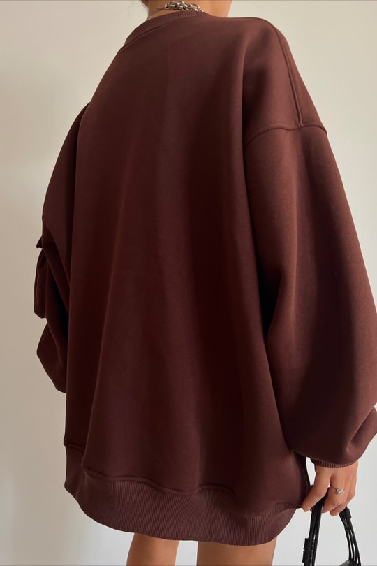 Kolu Cep Detaylı Oversize Sweatshirt Acı Kahve