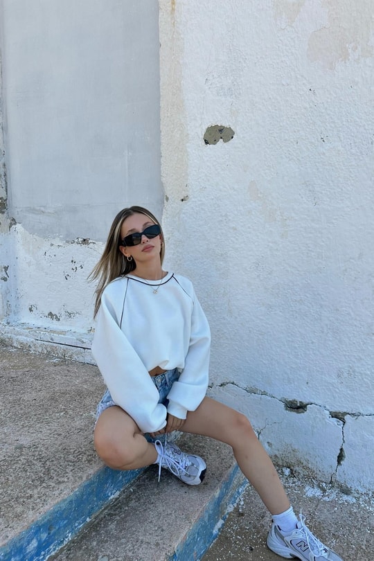 Kontrast Biyeli Sweat Beyaz
