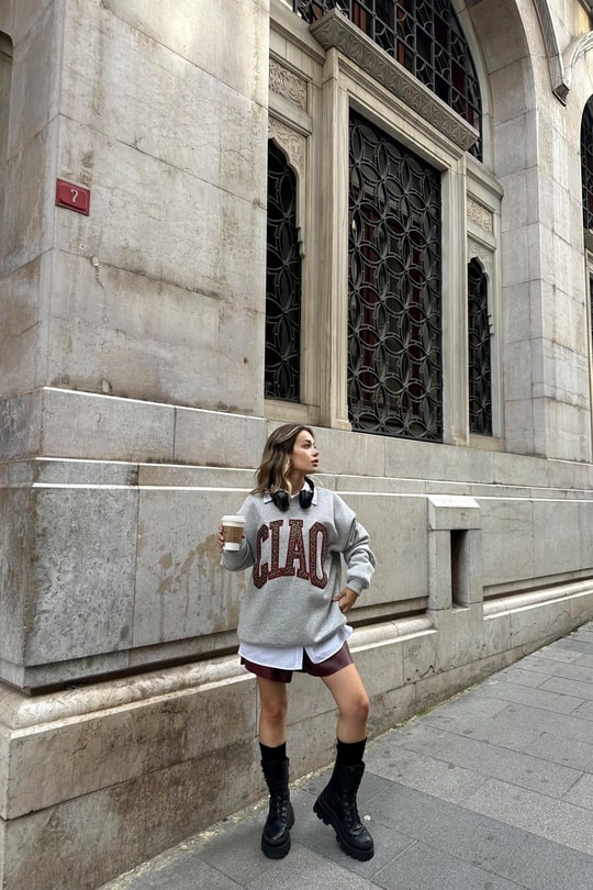 Leopar Detaylı Cıao Sweat Gri