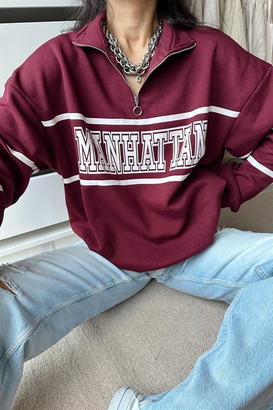 Manhattan Fermuarlı Sweatshirt Bordo