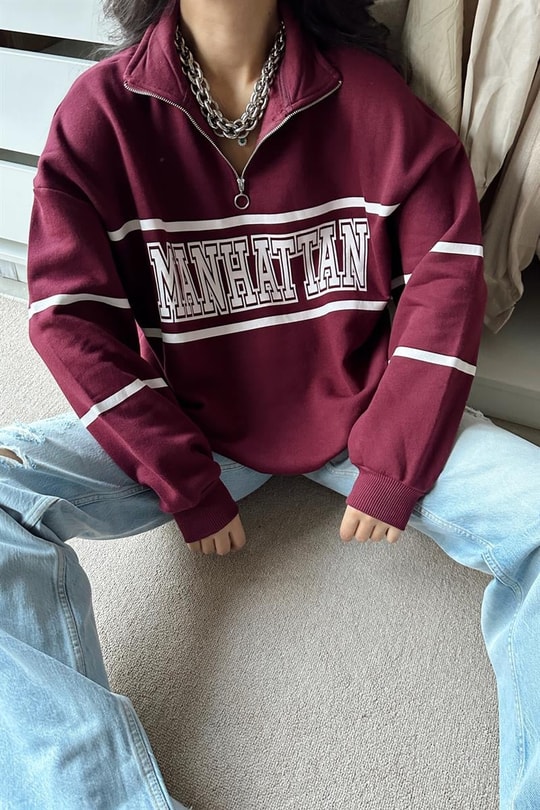 Manhattan Fermuarlı Sweatshirt Bordo