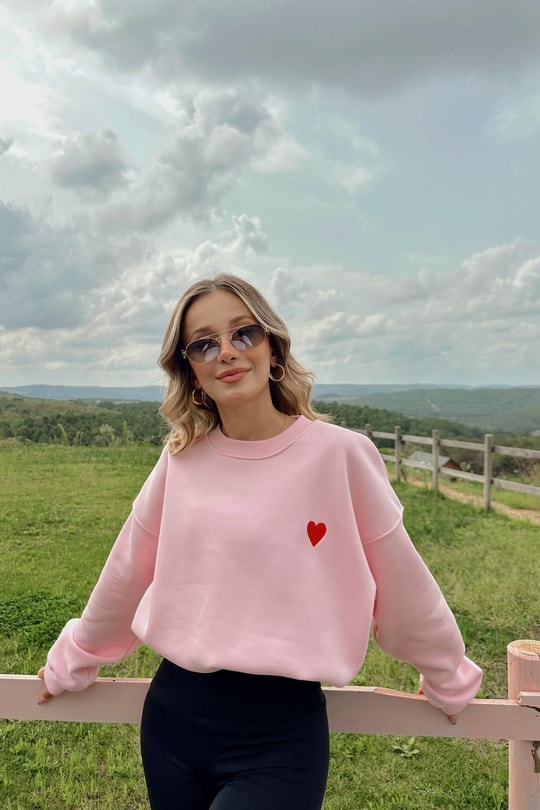 Mini Kalp Nakışlı Sweatshirt Pudra