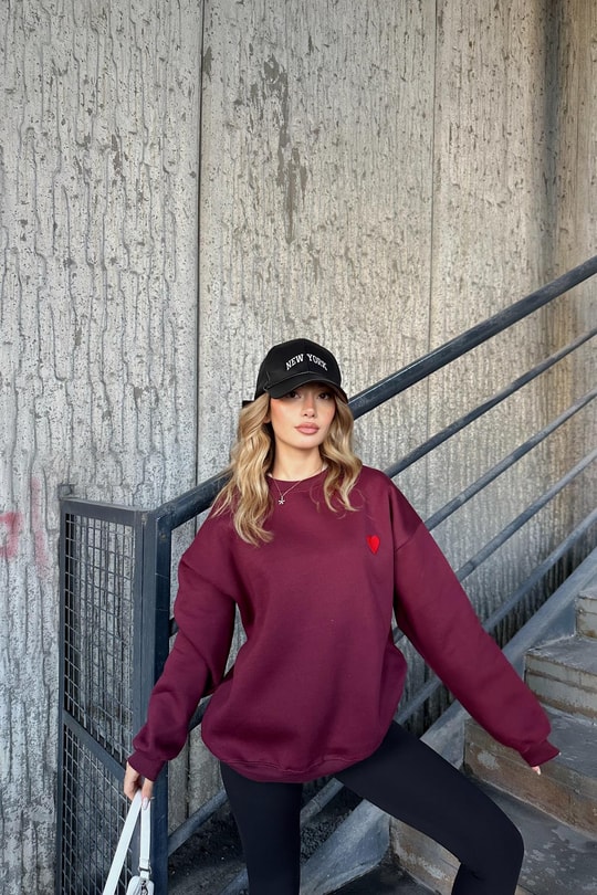Mini Kalp Nakışlı Sweatshirt Bordo