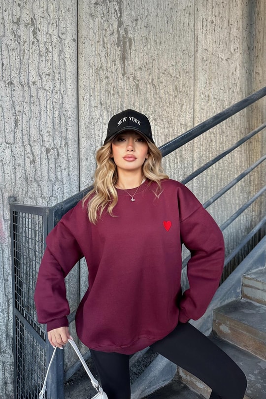 Mini Kalp Nakışlı Sweatshirt Bordo