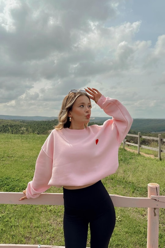 Mini Kalp Nakışlı Sweatshirt Pudra