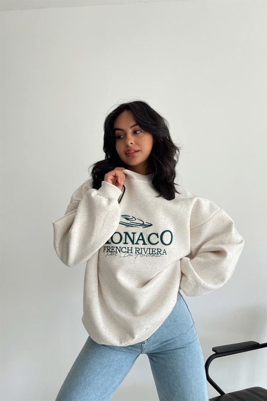 Monaco Nakışlı Sweatshirt Bej