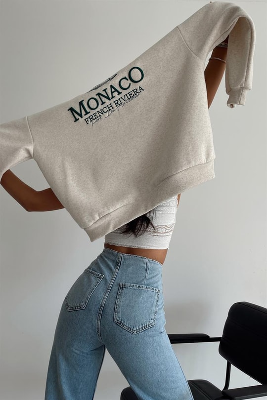 Monaco Nakışlı Sweatshirt Bej