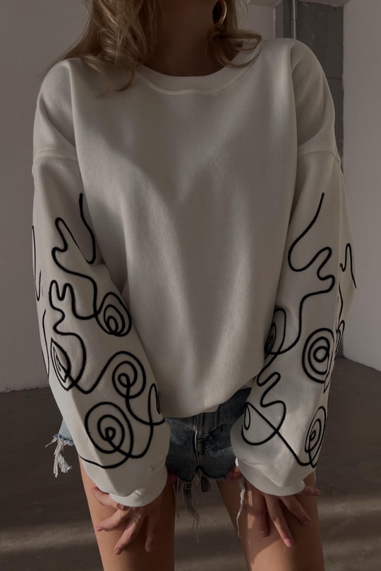 Nakış Kol Sweatshirt Beyaz