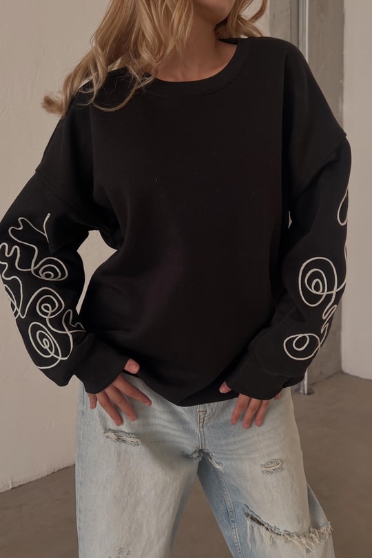 Nakış Kol Sweatshirt Siyah