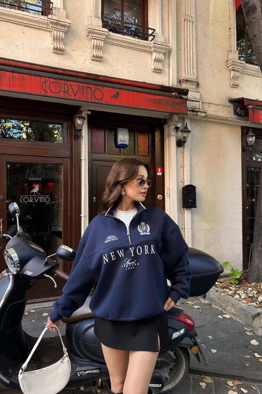NY Baskılı Sweat Lacivert