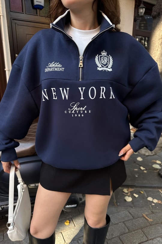 NY Baskılı Sweat Lacivert