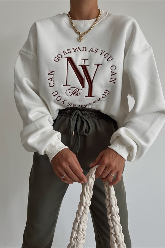 NY Nakışlı Sweatshirt Beyaz