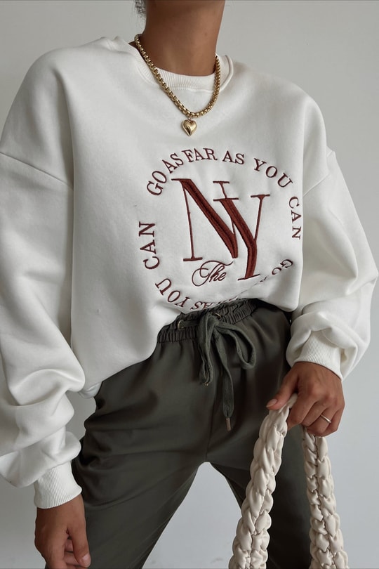 NY Nakışlı Sweatshirt Beyaz