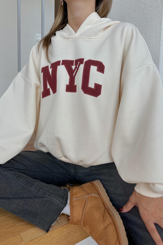 Nyc Baskılı Sweatshirt Krem