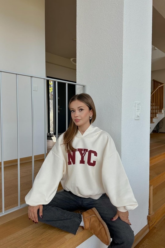 Nyc Baskılı Sweatshirt Krem