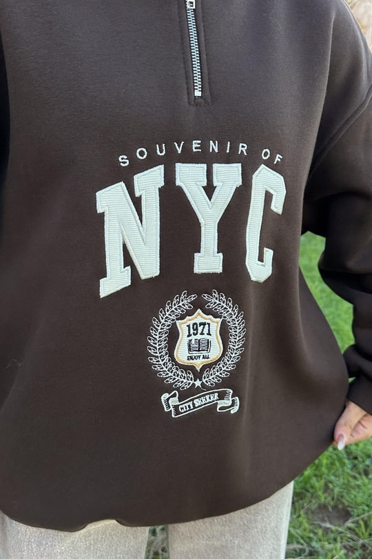 Nyc Nakışlı Fermuarlı Sweatshirt Kahve