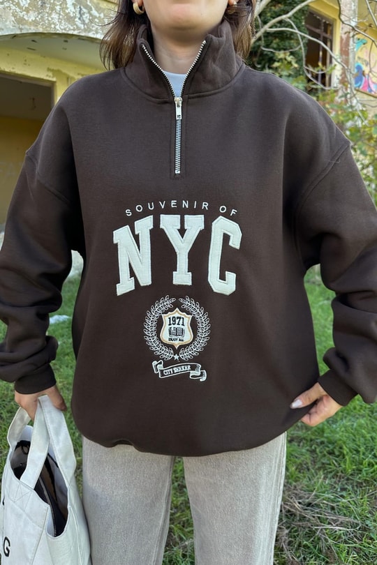Nyc Nakışlı Fermuarlı Sweatshirt Kahve