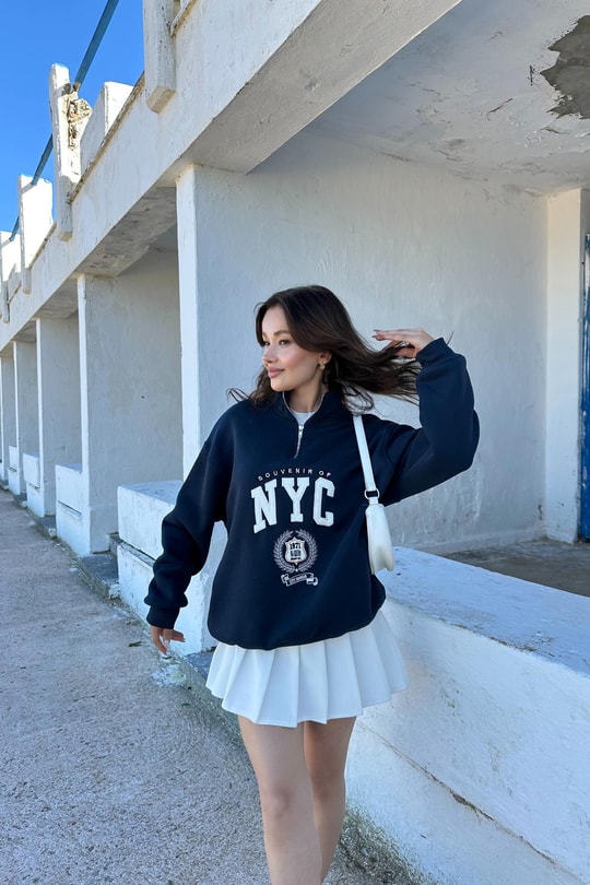 Nyc Nakışlı Fermuarlı Sweatshirt Lacivert