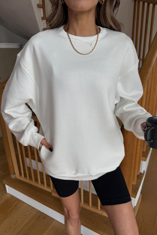 Omuz Dikişli Oversize Sweatshirt Ekru