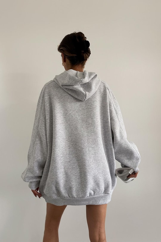 Oversize Kapüşonlu Sweat Gri Melanj