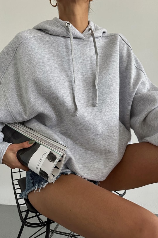 Oversize Kapüşonlu Sweat Gri Melanj