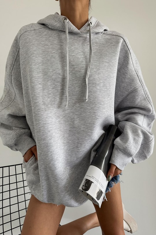 Oversize Kapüşonlu Sweat Gri Melanj