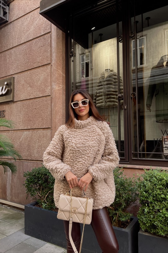Oversize Premium Peluş Sweat Taş