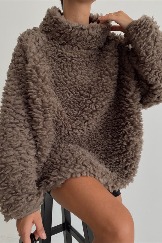Oversize Premium Peluş Sweat Koyu Kahve