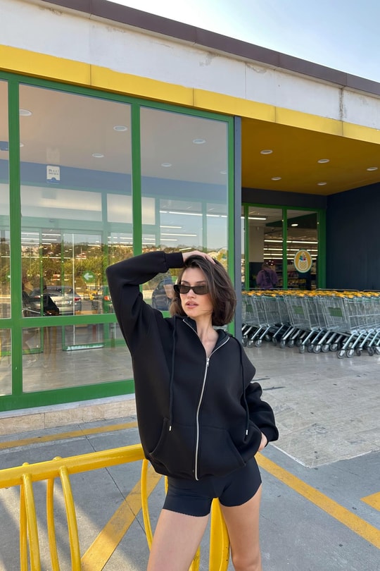 Oversize Şardonlu Sweatshirt Siyah
