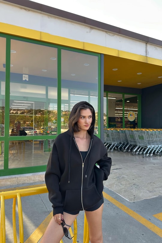 Oversize Şardonlu Sweatshirt Siyah