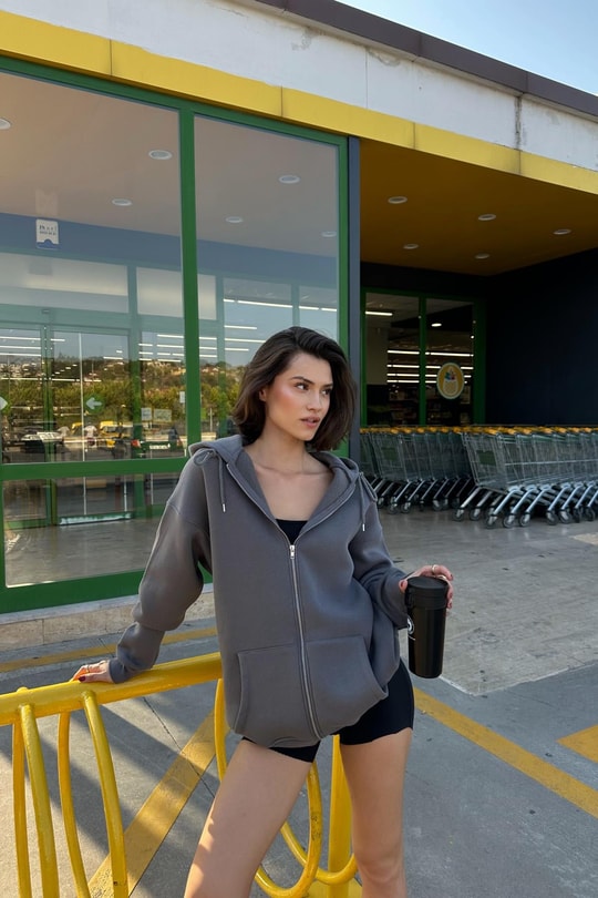 Oversize Şardonlu Sweatshirt Antrasit