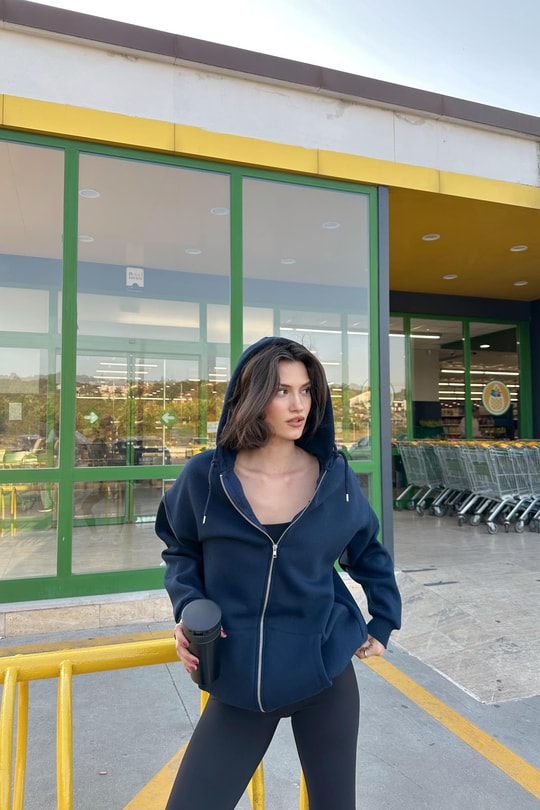 Oversize Şardonlu Sweatshirt Lacivert