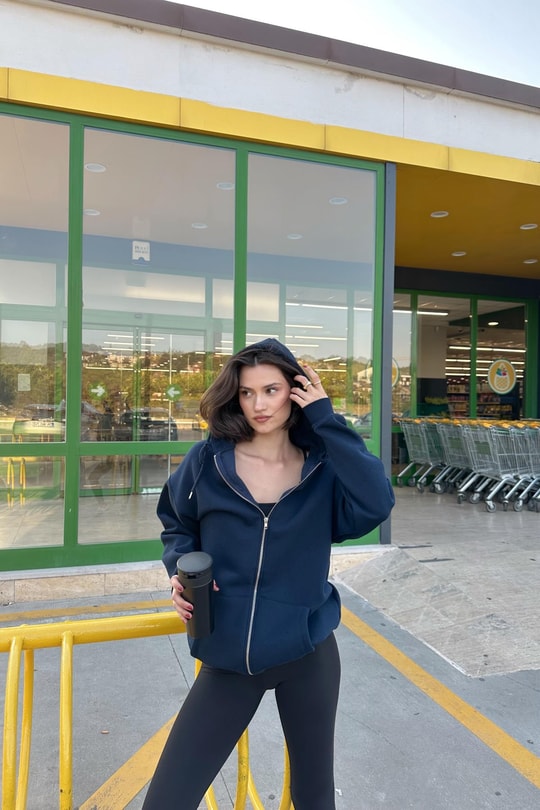 Oversize Şardonlu Sweatshirt Lacivert