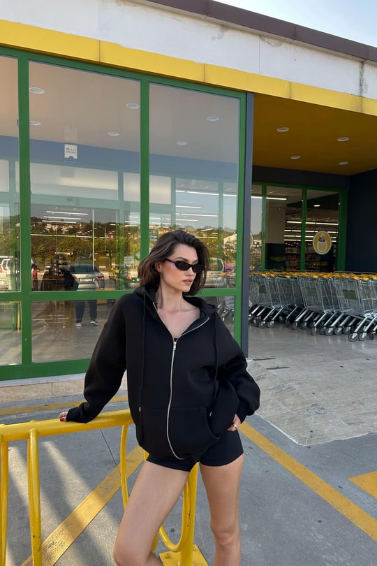 Oversize Şardonlu Sweatshirt Siyah