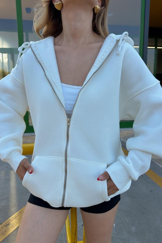 Oversize Şardonlu Sweatshirt Beyaz