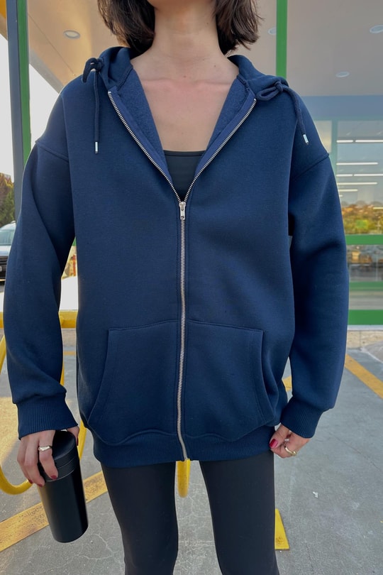 Oversize Şardonlu Sweatshirt Lacivert