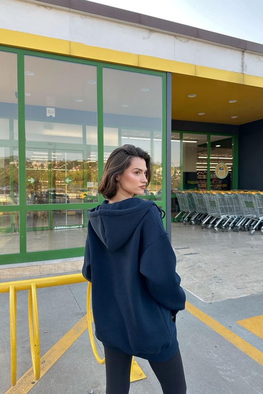 Oversize Şardonlu Sweatshirt Lacivert