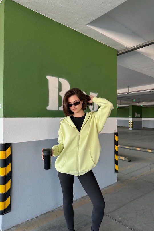 Oversize Şardonlu Sweatshirt Neon Yeşil