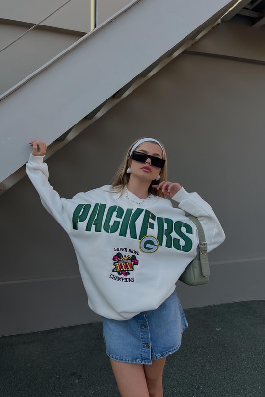 Packers Nakışlı Oversize Sweatshirt Beyaz