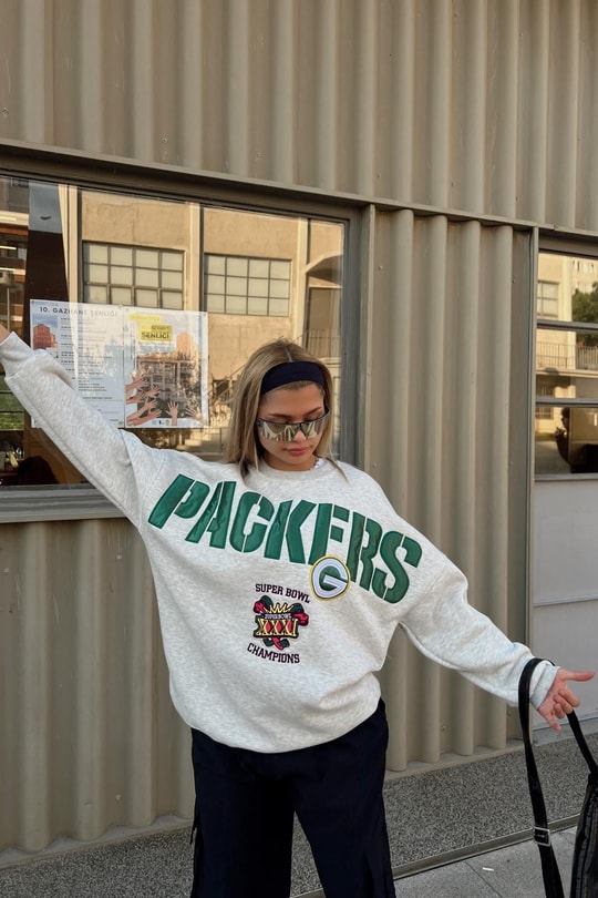 Packers Nakışlı Oversize Sweatshirt Gri