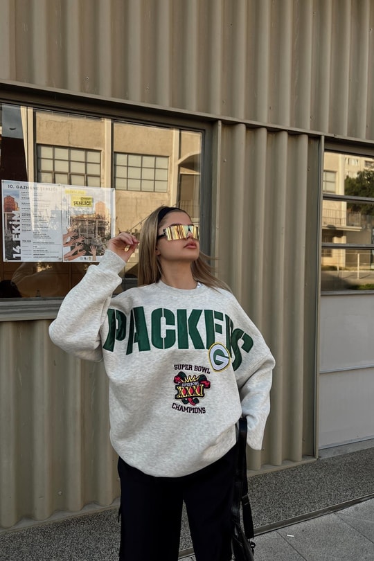 Packers Nakışlı Oversize Sweatshirt Gri