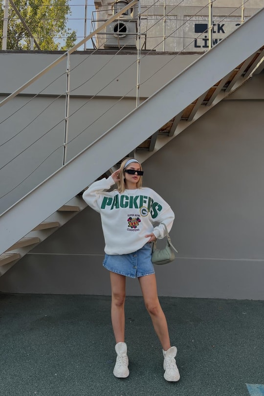 Packers Nakışlı Oversize Sweatshirt Beyaz