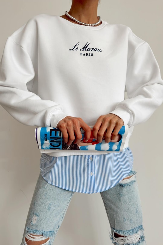Poplin Detaylı Sweat Beyaz